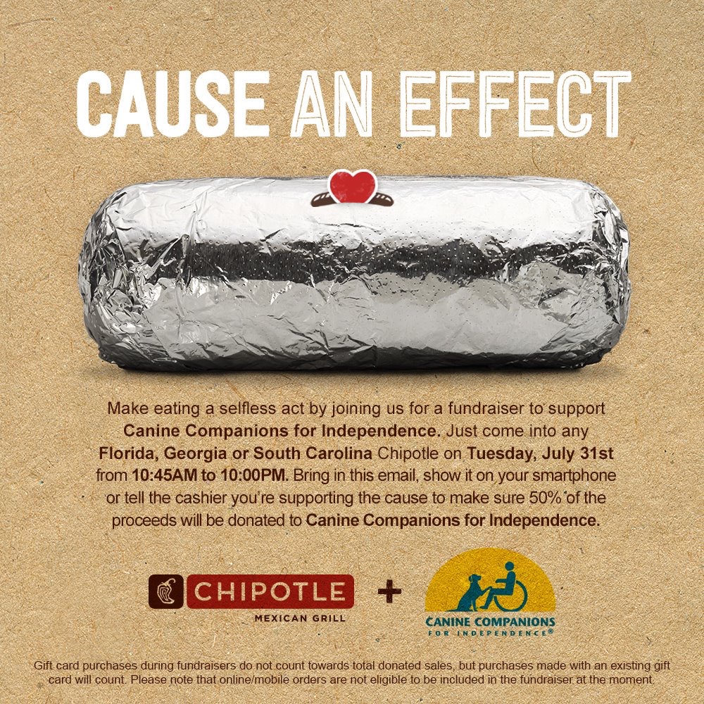 Chipolte Fundraiser to Benefit Canine Companions for Independence @ Any Fl, GA or SC Chipolte