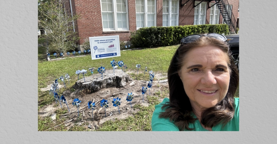 To recognize National Child Abuse Prevention month blue and silver pinwheels were placed at the Old Lutz School House.