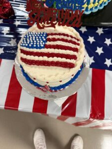 One of the many patriotic cakes on display in the Community Center.